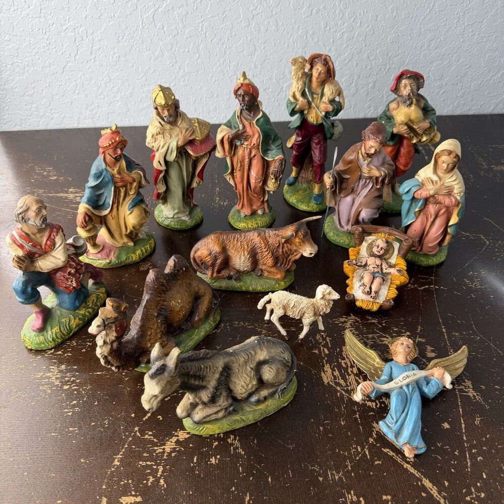 Vintage Italian Nativity Set 14 Pc Italy Holy Family Magi Shepherds Angel Animal